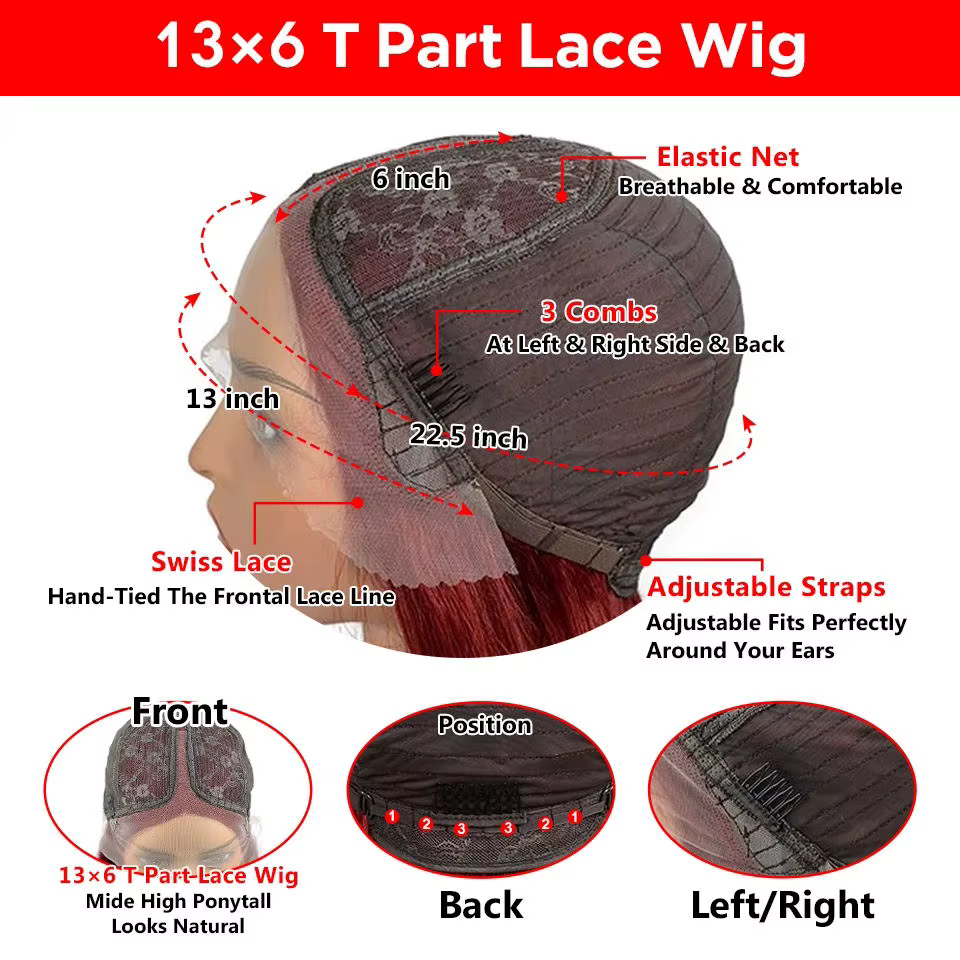 Perruques Lekker Burgundy en solde, 100% cheveux humains, courtes, lisses, coupe bob, raie au milieu, Lace Front pour femmes, cheveux brésiliens Remy, sans colle
