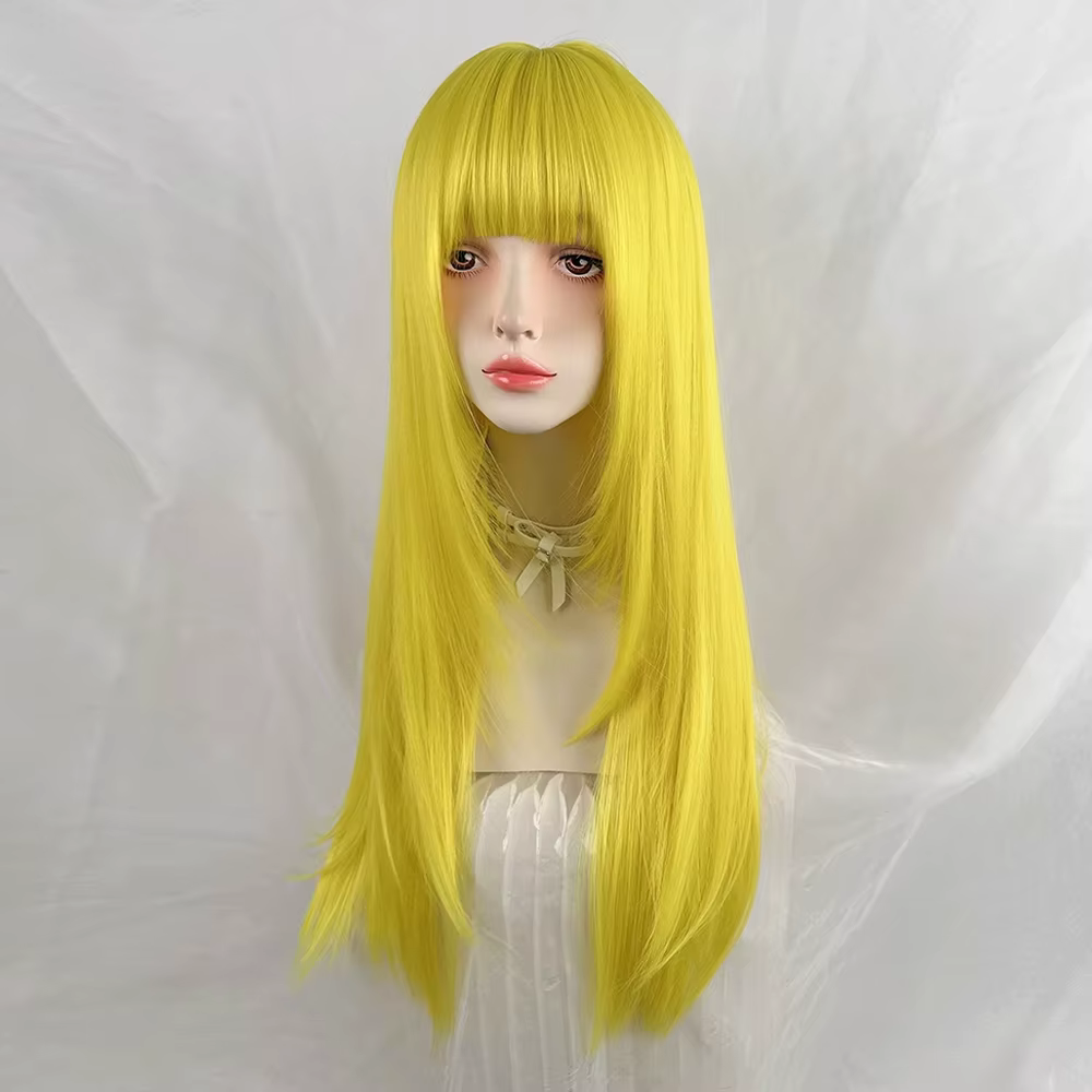 Perruques synthétiques longues et lisses en couches jaune citron avec frange pour femmes