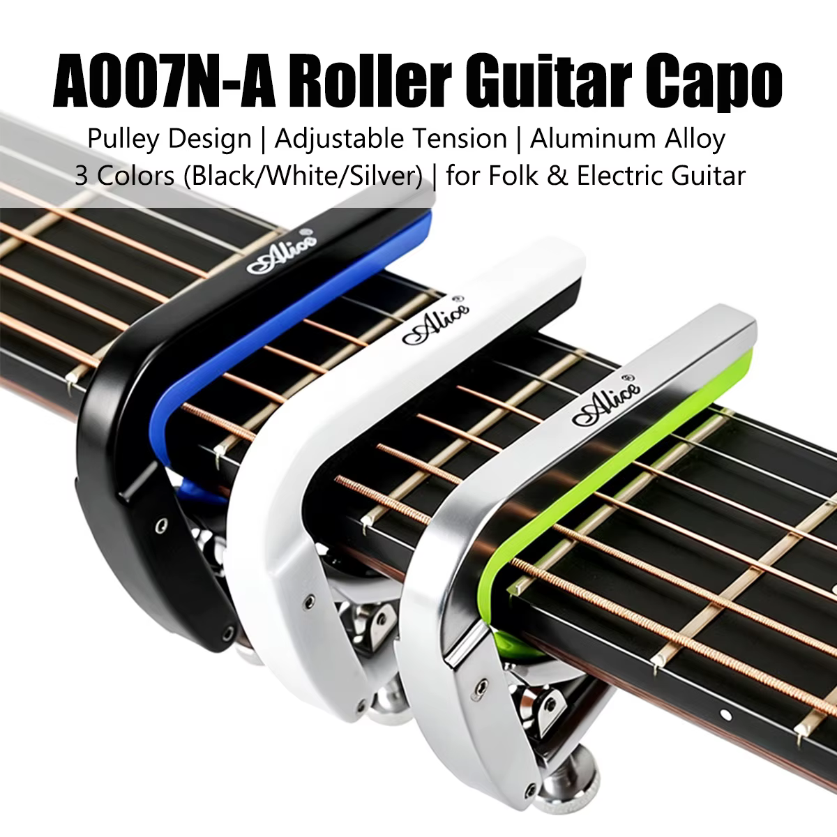 Alice A007N-A Capodastre à roulettes pour guitare – 3 couleurs (noir/blanc/argent), 31g, alliage d'aluminium, coussinet en silicone, pression réglable