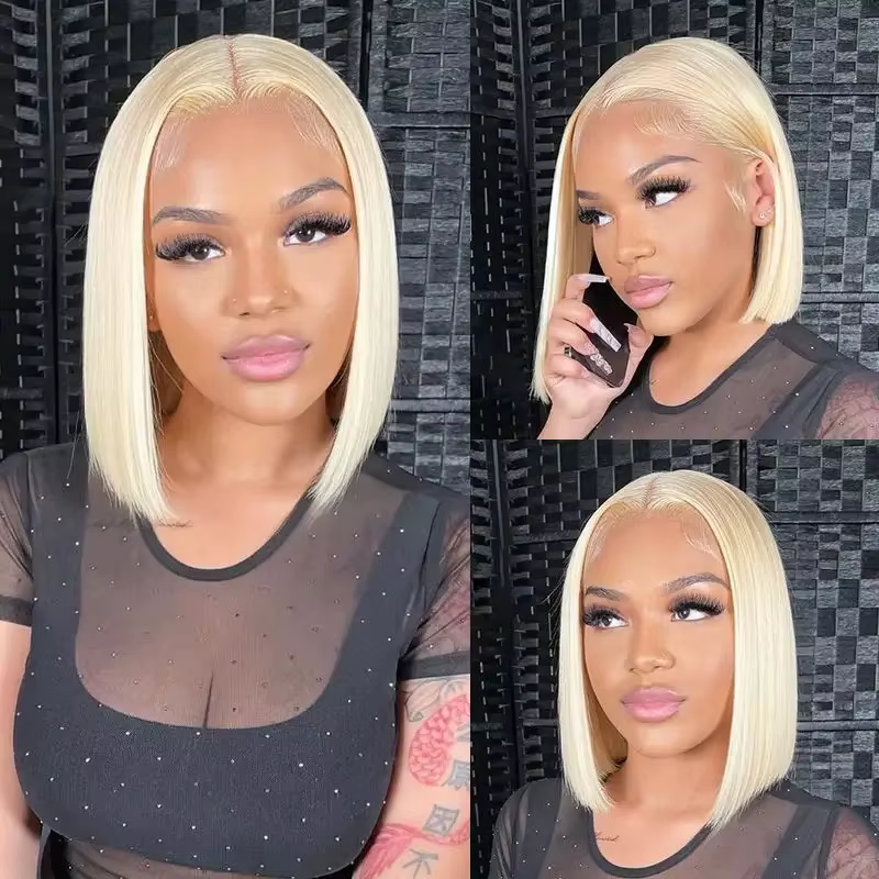 Perruque Bob Lace Frontal Wig courte et lisse, couleur blond miel 613, 13x4, Full HD, pre-plucked, nœuds décolorés, Cosplay, fête quotidienne pour femmes