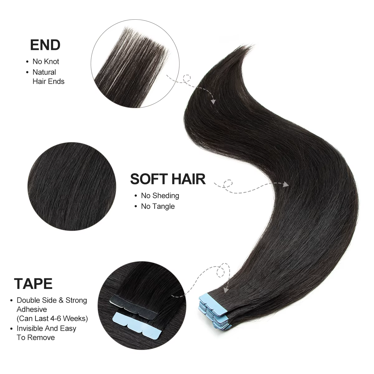 Extensions de cheveux humains naturels invisibles à la kératine