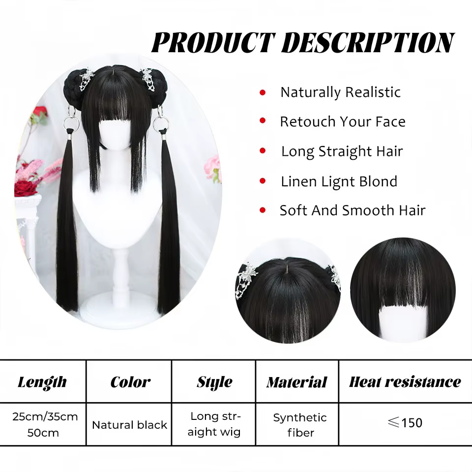 OLACARE perruque synthétique courte droite avec longue queue de cheval Hairbun Lolita Cosplay fête Harajuku