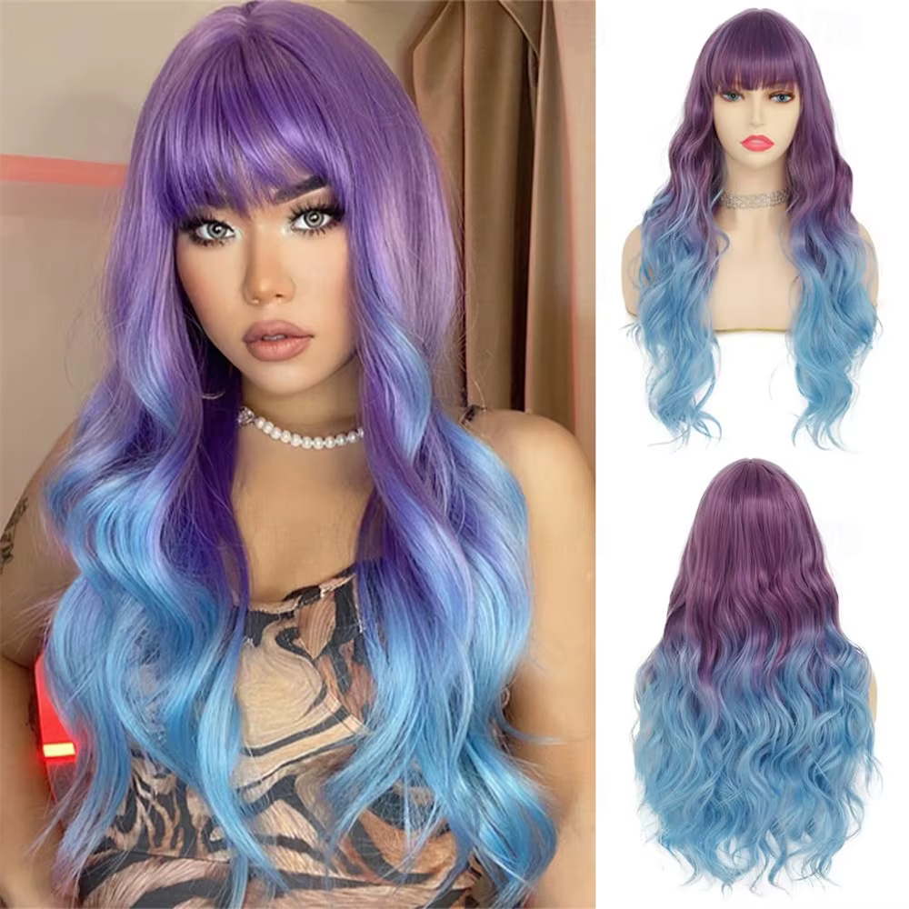 Perruque de carnaval de cheveux synthétiques bleu violet ombré bouclés ondulés longue