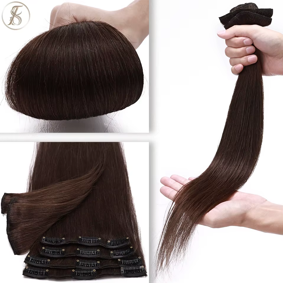 TESS-Extensions de Cheveux Naturels Lisses à réinitialisation, Postiche, Tête Complète, Surbrillance Fine, 50-80g, 8 Pièces/Ensemble