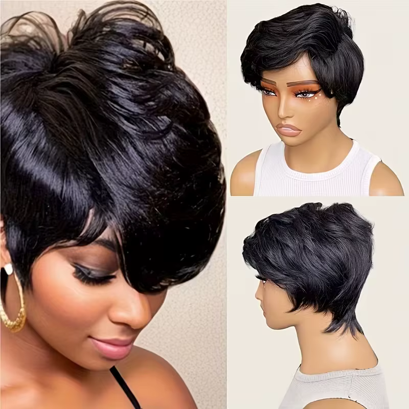 Perruque coupe lutin de cheveux humains sans colle de 6 pouces pour femmes avec longue frange Swoopy - Perruques superposées droites de densité 180%