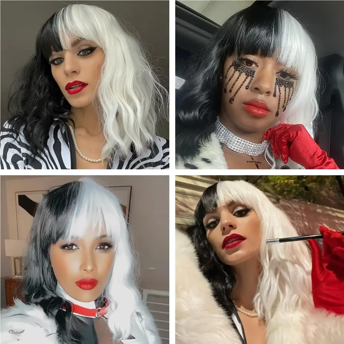 Cruella Deville-Perruque Courte Ondulée Noire et Blanche pour Femme