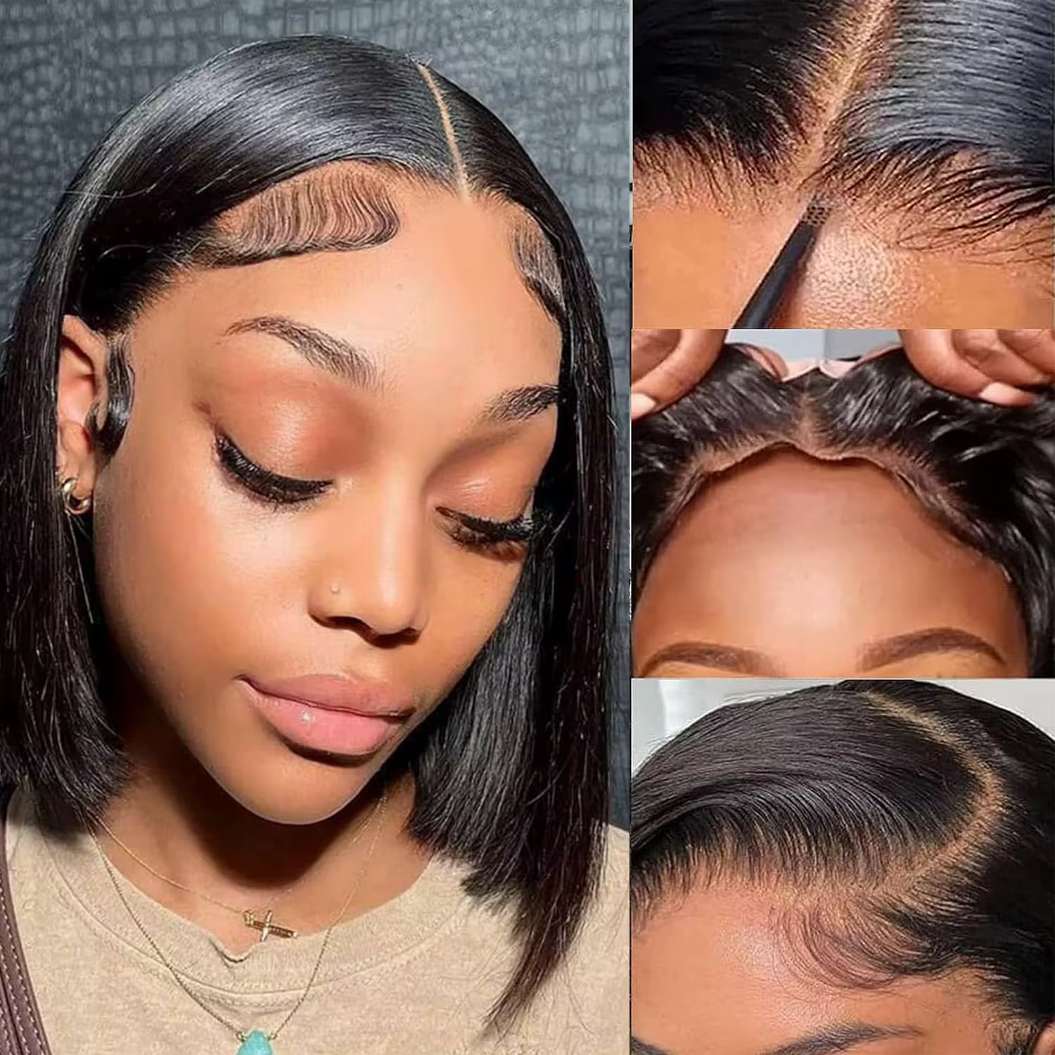 Mettre et aller perruque sans colle cheveux humains pré plumés pré-coupé dentelle noeuds blanchis droite courte Bob