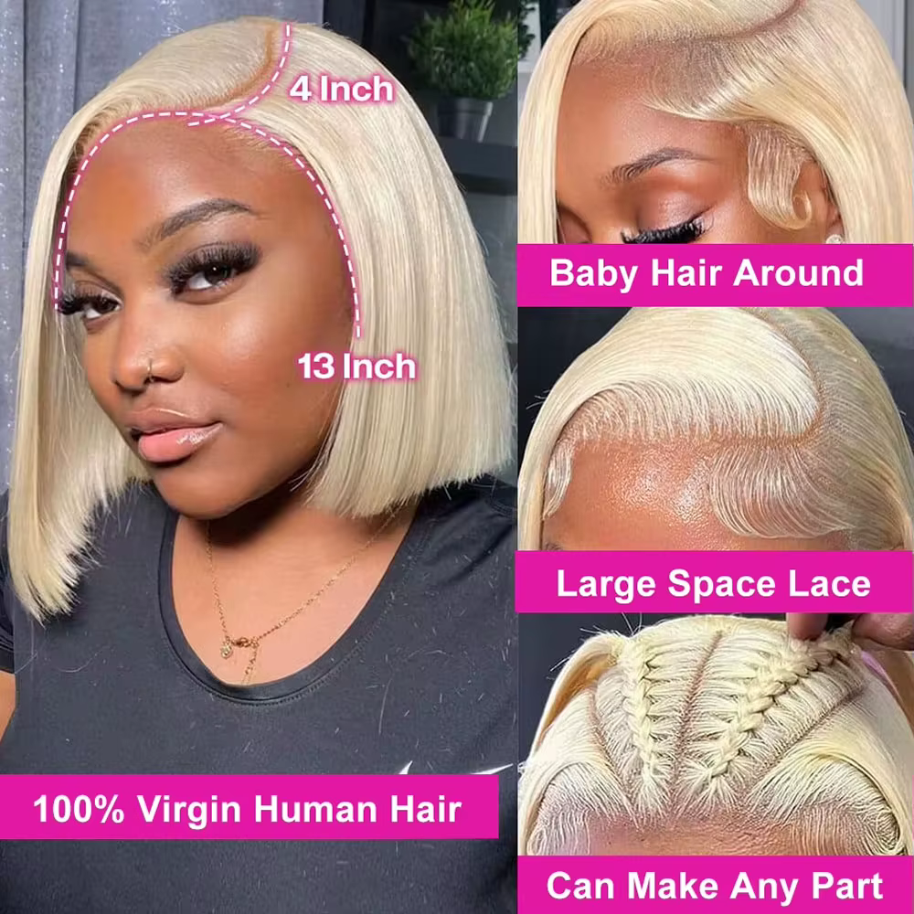 613 Blonde courte Bob perruque 13x4 HD Transparent dentelle frontale