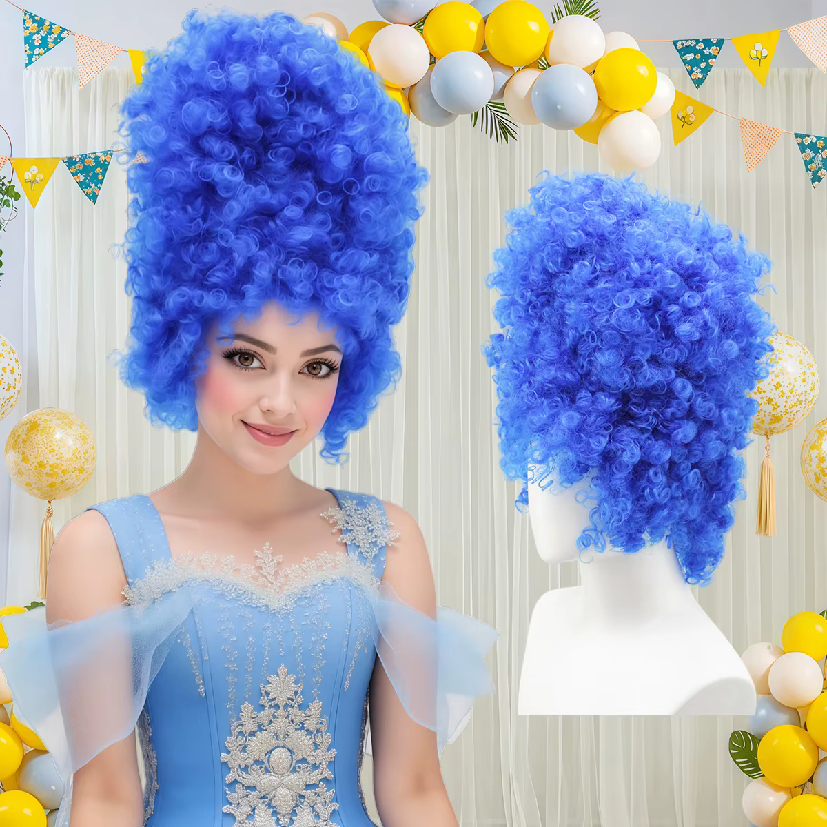 Perruque synthétique bleu vif à boucles longues