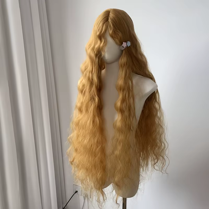 Perruque synthétique à mécanisme de rouleau de laine moelleuse jaune doré | Couverture de cheveux super longs Lolita