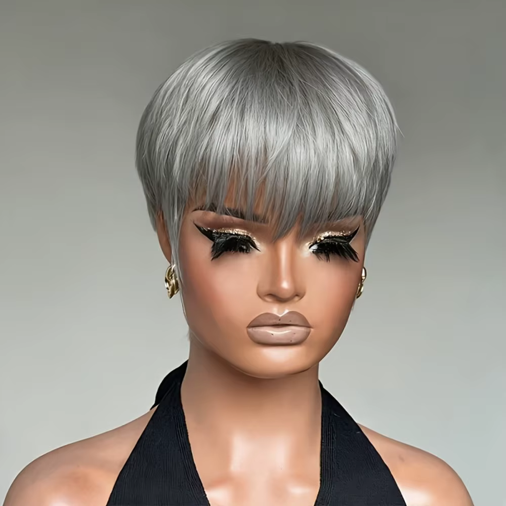 Perruque de cheveux humains - Pixie courte de 6 pouces avec gris # Couleur
