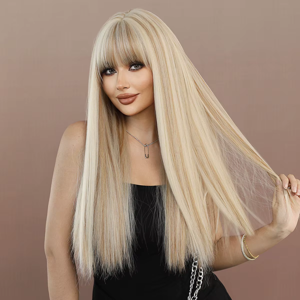 Perruque synthétique longue et lisse Blonde claire pour femmes