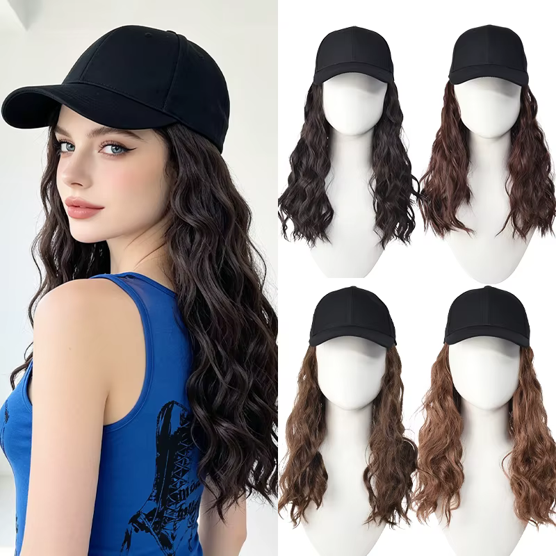 Casquette de baseball noire avec perruque en cheveux synthétiques ondulés