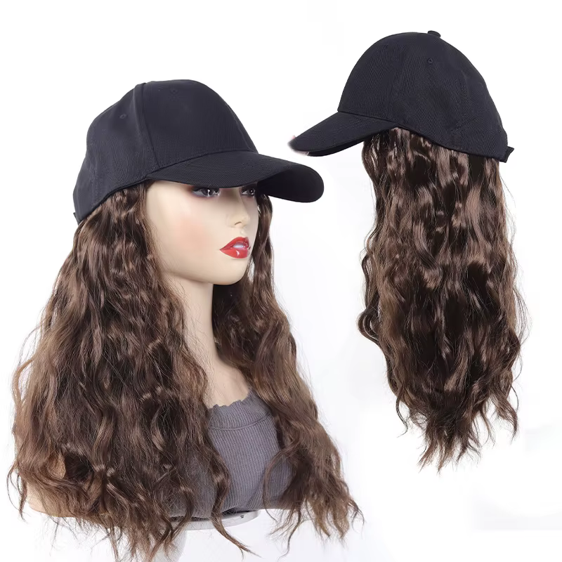 Perruque longue ondulée synthétique intégrée à une casquette de baseball