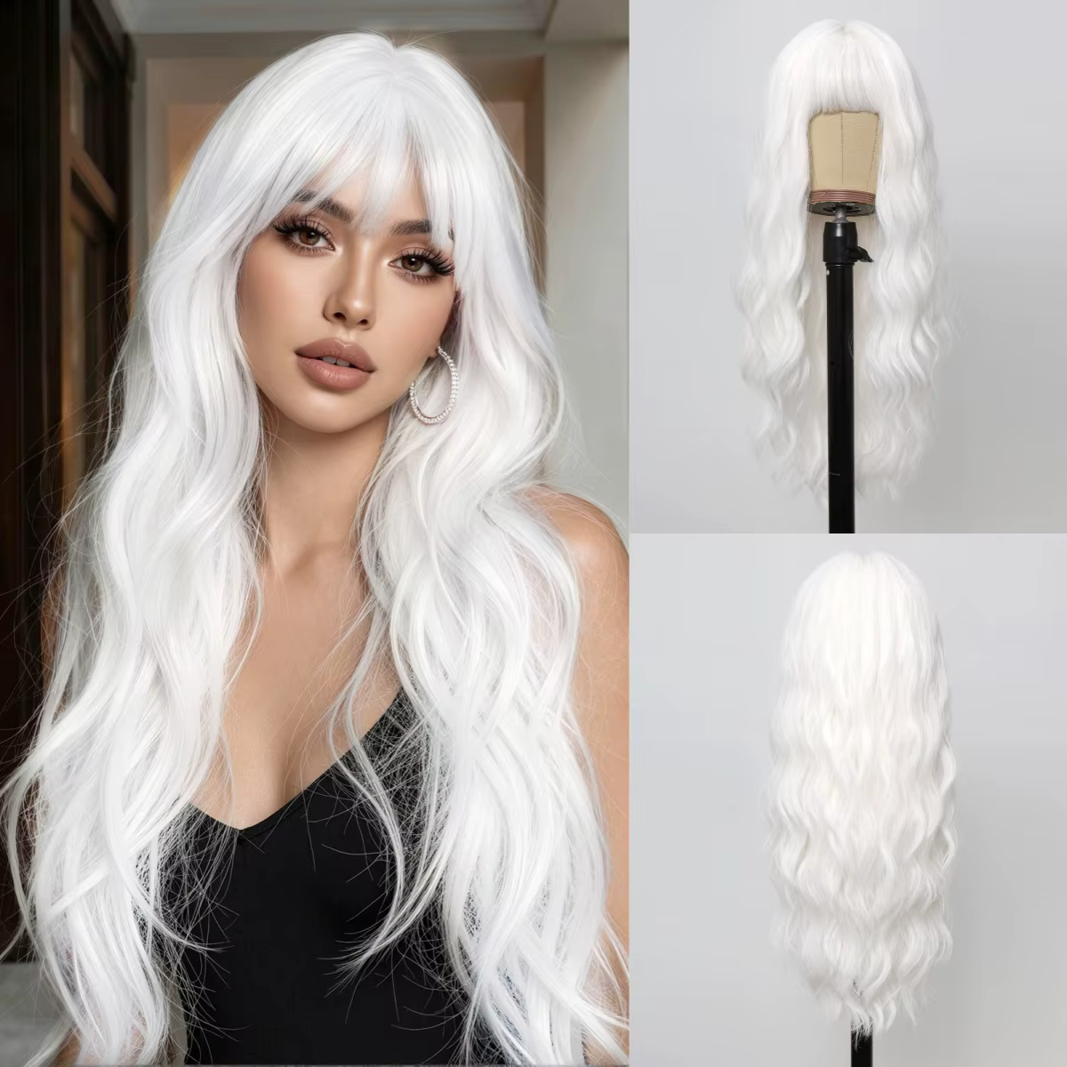 Perruque longue ondulée blanche avec frange