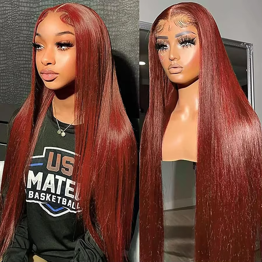 Perruque Lace Frontal Wig brésilienne naturelle, cheveux lisses, brun rougeâtre, 13x4, sans colle, HD, 30 34 pouces, en Promotion, pour femmes