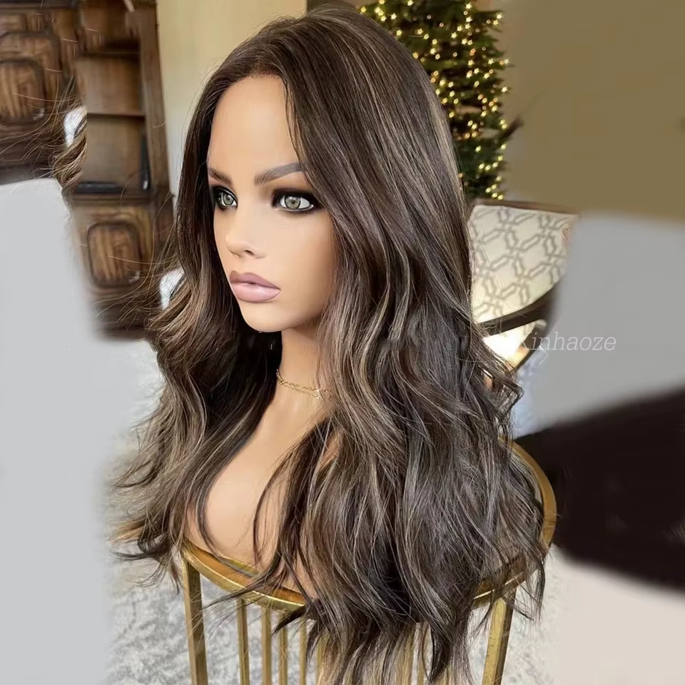 Perruque de couleur brune foncée avec reflets 13x4 Frontal HD mélange de dentelle cheveux humains naissance