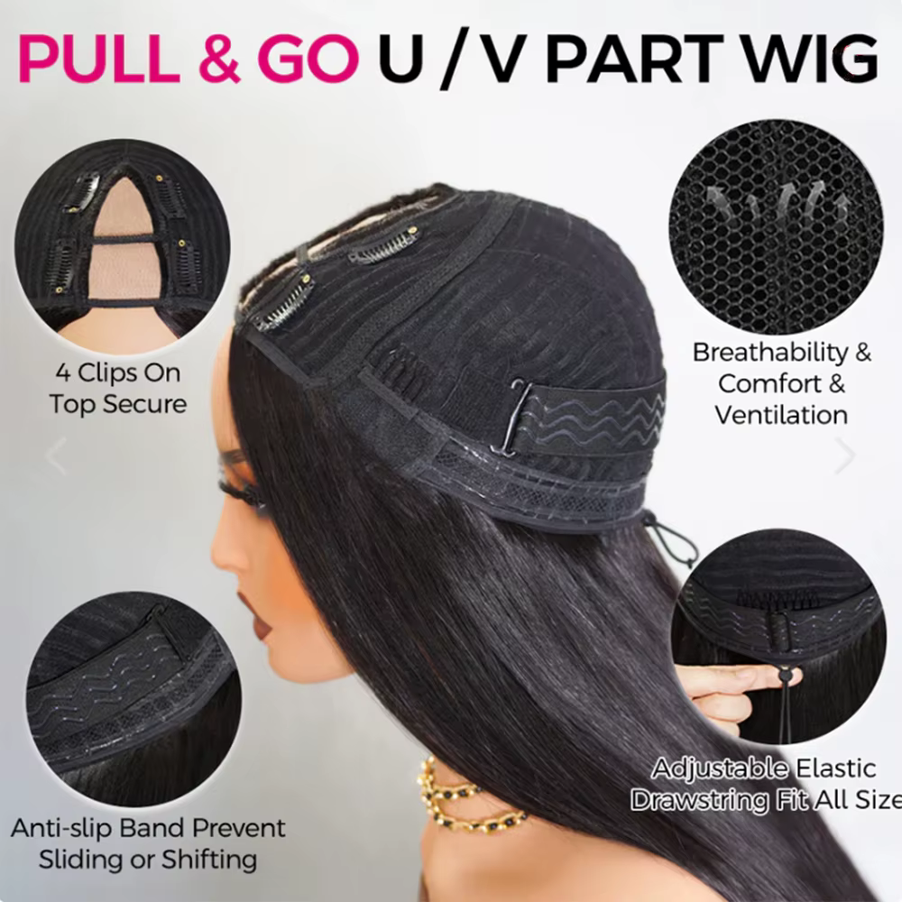 Perruque en cheveux humains lisses en forme de V