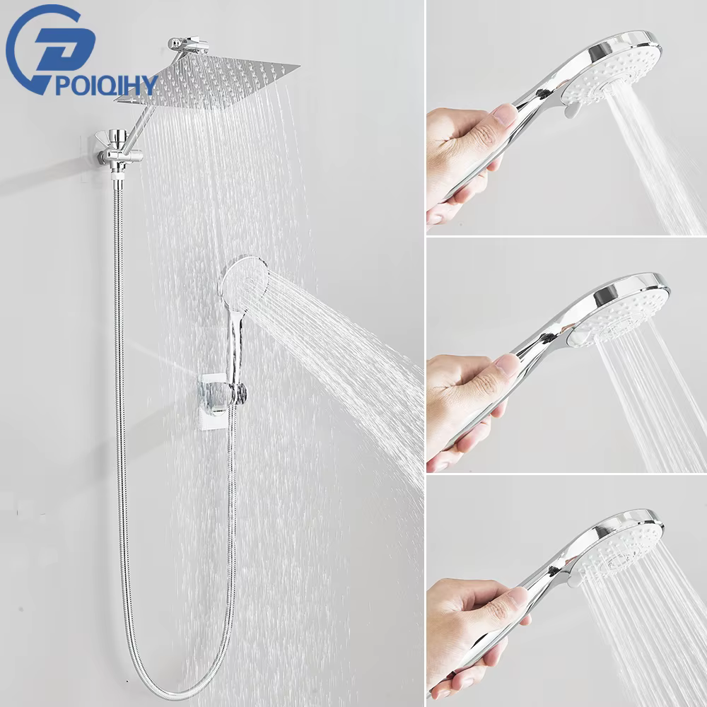 Pommeau de douche à effet pluie haute pression chromé avec douchette combinée et bras d'extension, 6 réglages, douchette réglable en hauteur/angle