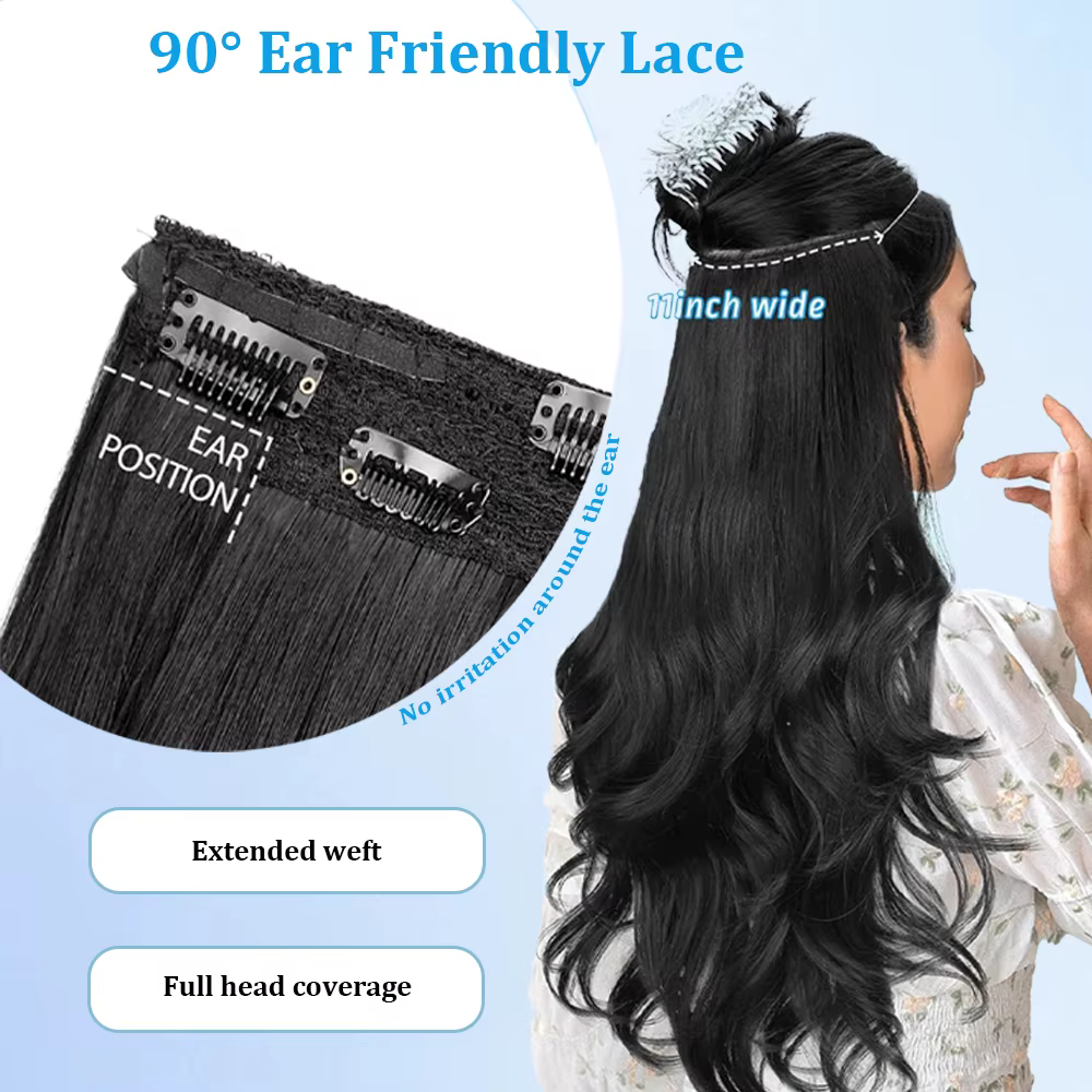Extensions de cheveux synthétiques ondulées longues noires de 20 pouces avec fil invisible