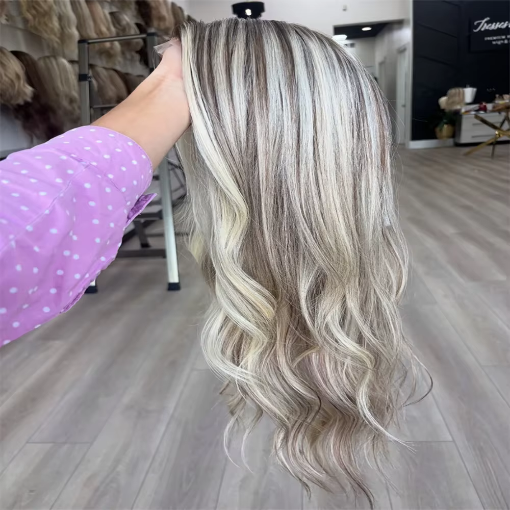 100 vrais cheveux humains blond cendré perruque racines foncées vague de corps mettre en évidence perruques