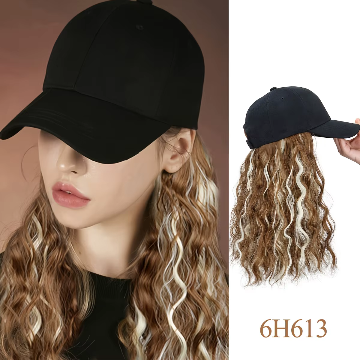 Perruque casquette de baseball en fibres synthétiques avec extensions de cheveux bouclés