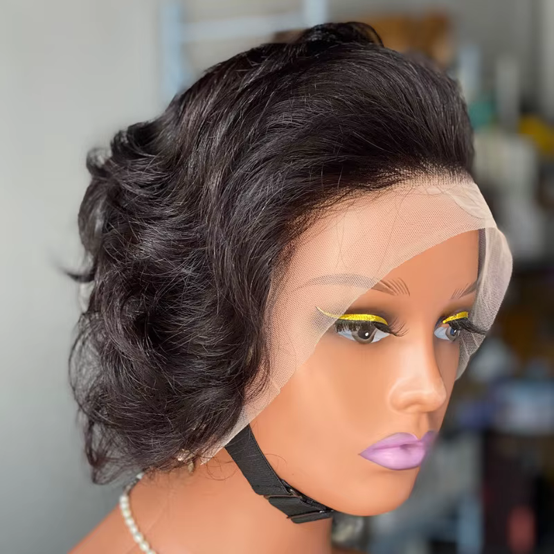 200% densité haute qualité bouclés coupe lutin 13x4 dentelle frontale ondulée perruques cheveux humains vierges doux aspect naturel facile Style confort