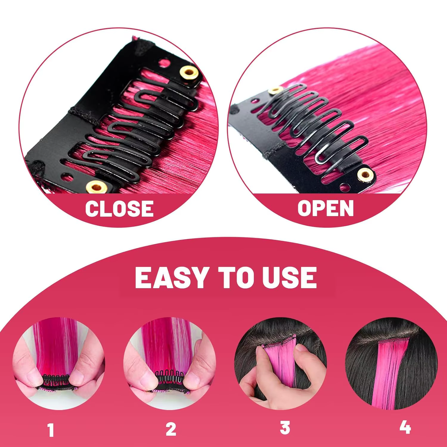 6 pièces Extensions de cheveux rouge Rose à clips