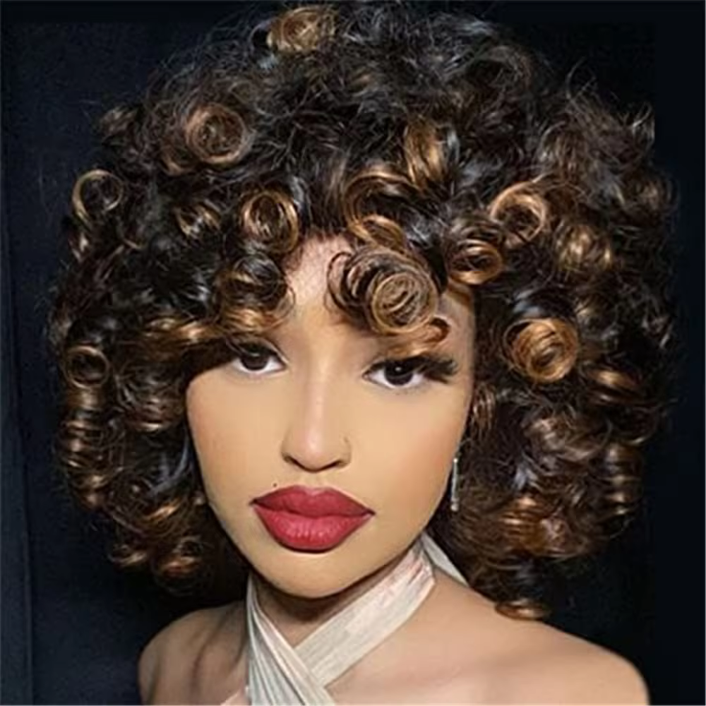 Hairugo-Perruque de Cheveux Humains Bouclés Coupe Pixie à Reflets