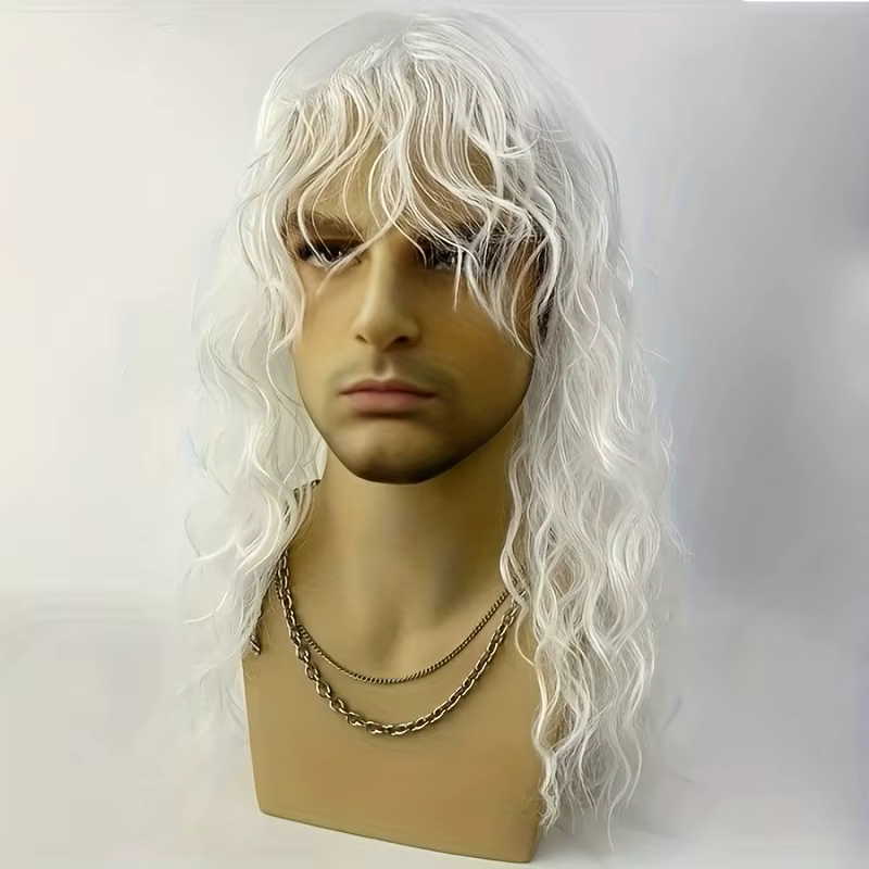 Perruque bouclée blanche pour hommes avec frange – Cheveux synthétiques ondulés naturels pour cosplay