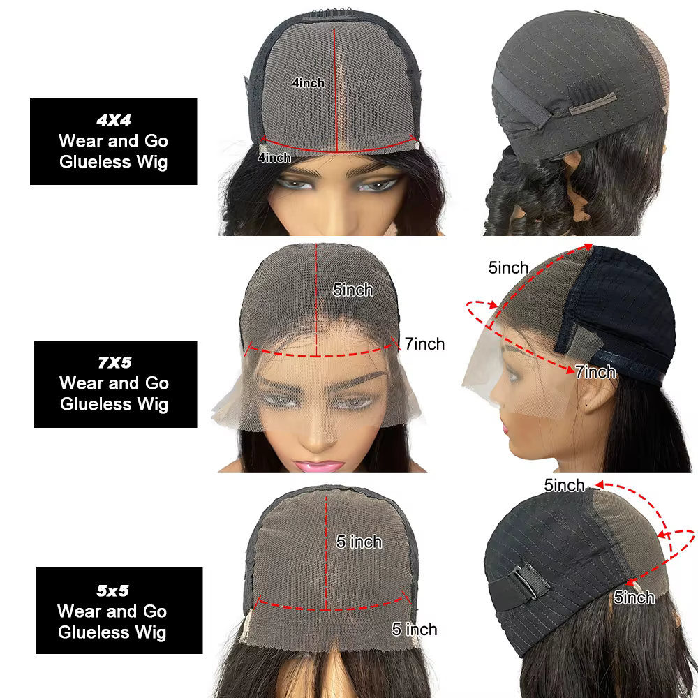 Perruques Yaki légères sans colle cheveux humains Wear And Go 7x5