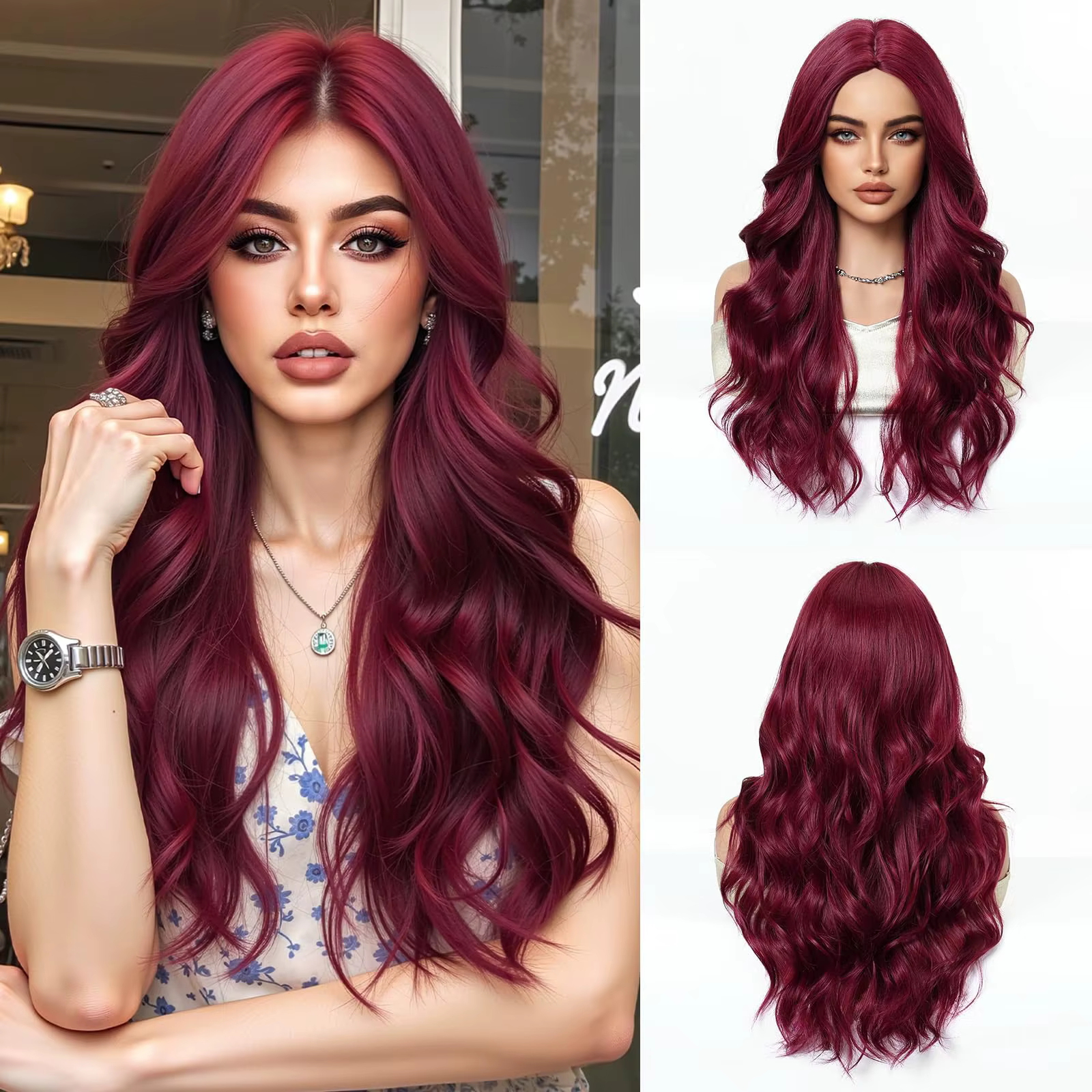 Perruque synthétique rouge bordeaux