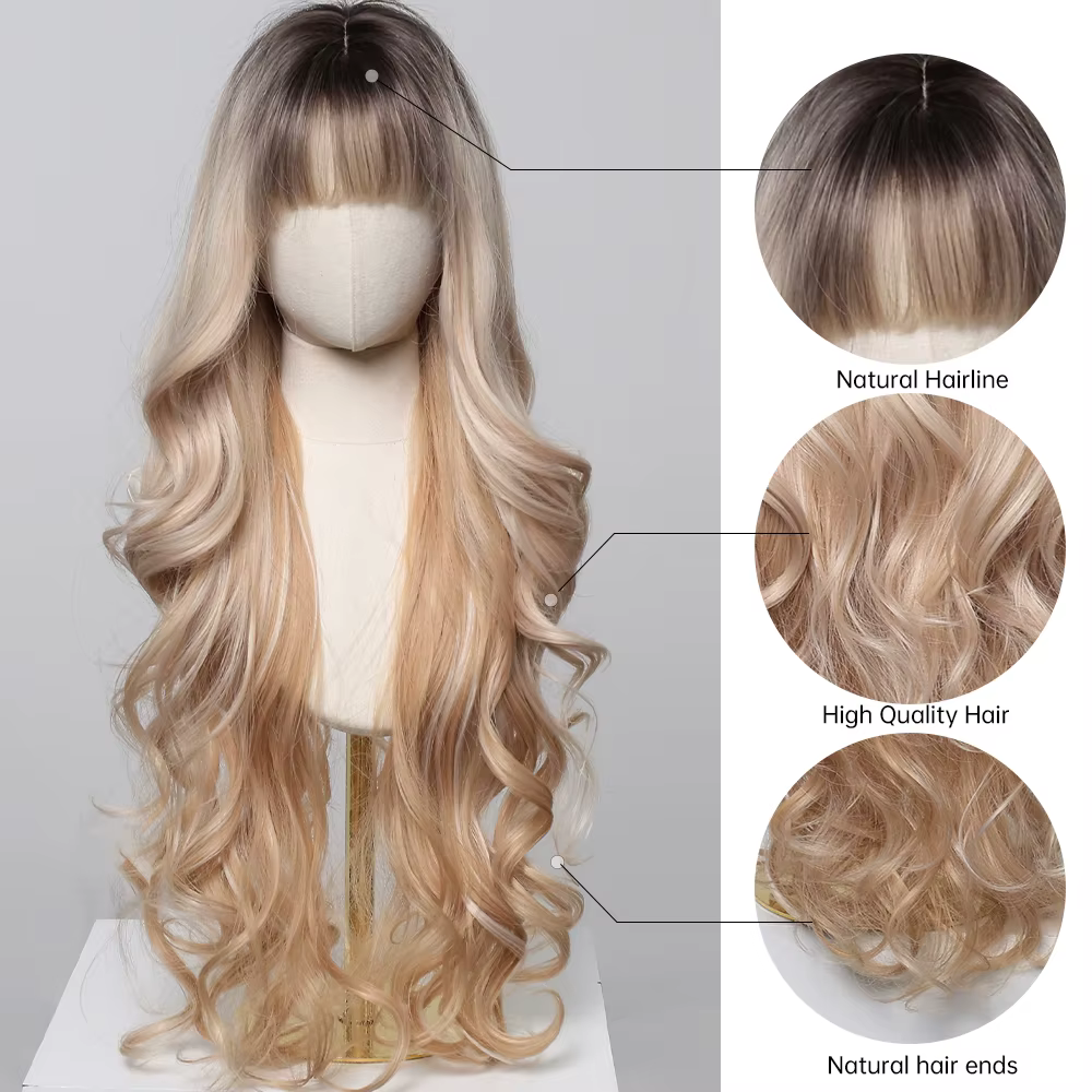 Perruques synthétiques ondulées blondes ombrées avec frange pour femmes