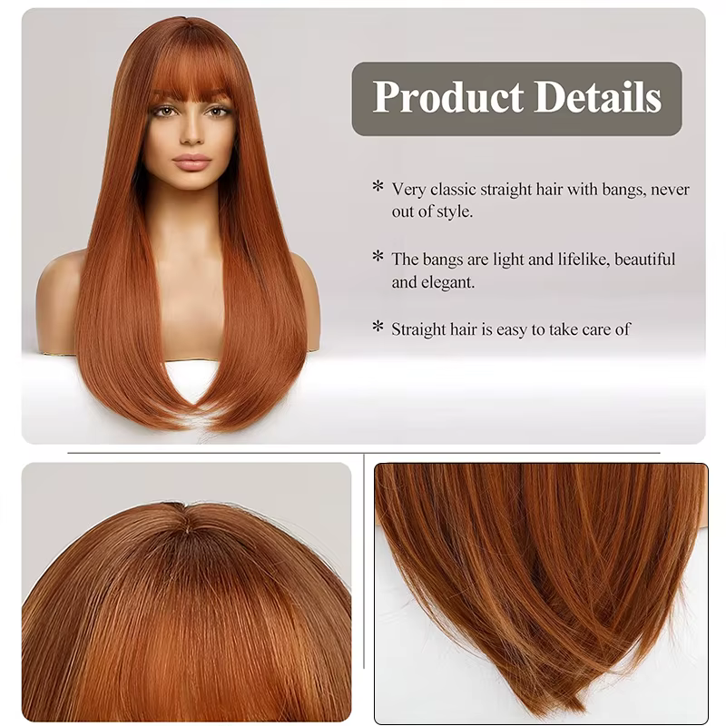 Perruque Synthétique Longue Droite avec Frange pour Femme