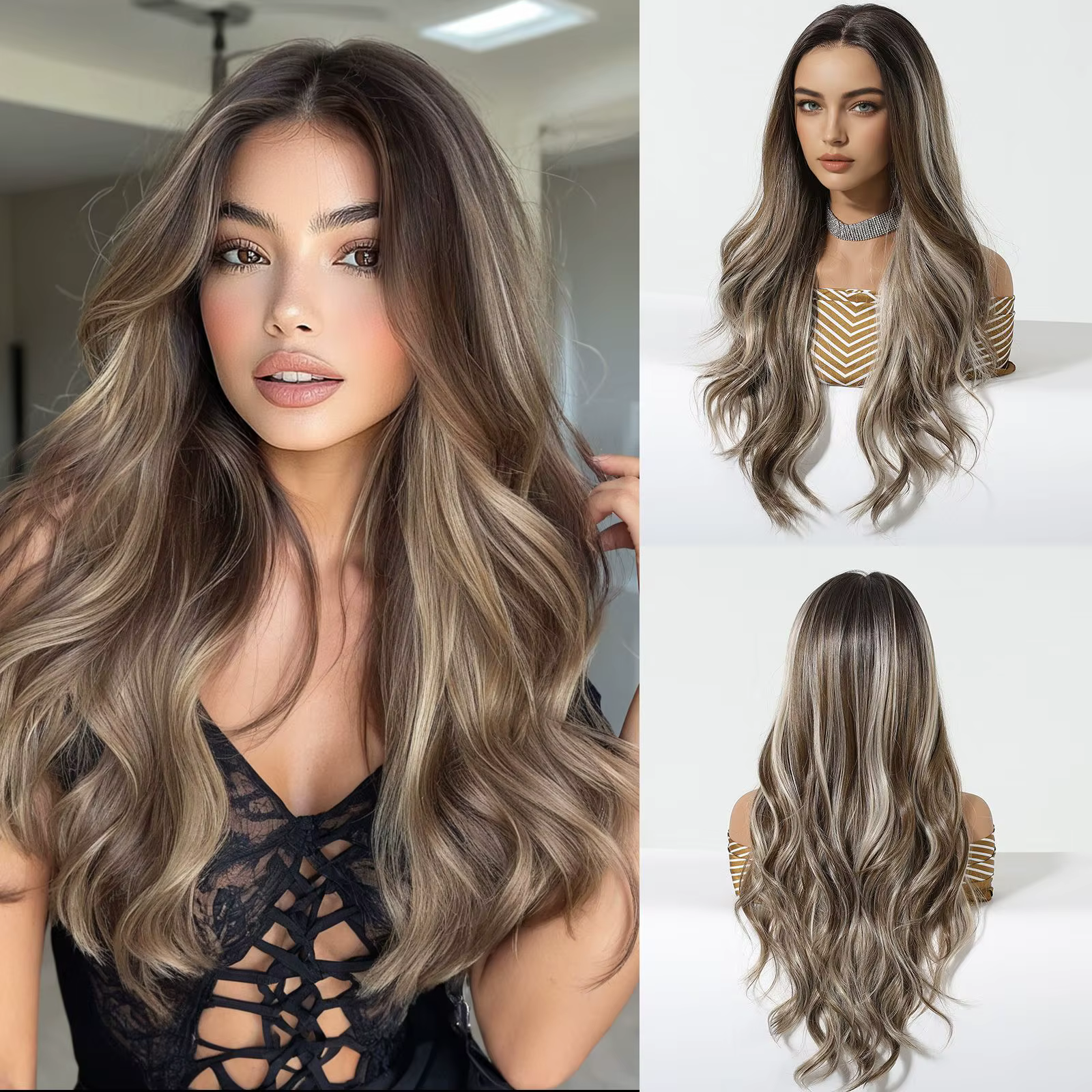 DWY – perruque Lace Front Wig synthétique à reflets bruns et blonds, longue et ondulée, 13x6, avec raie libre, naturelle, résistante à la chaleur, pour femmes