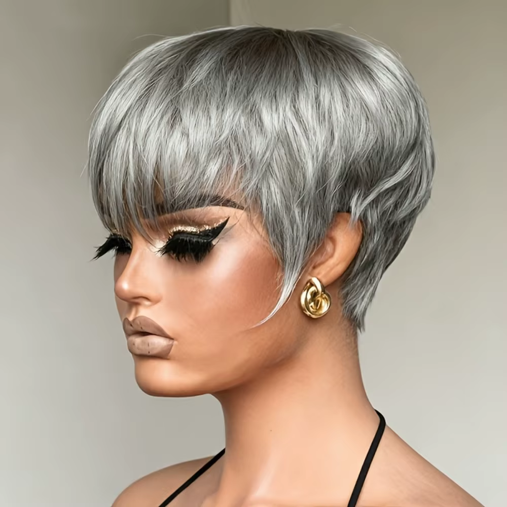 Perruque de cheveux humains - Pixie courte de 6 pouces avec gris # Couleur