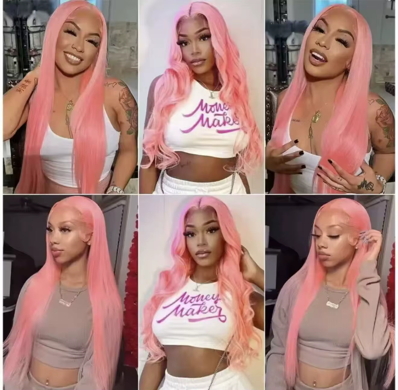 Perruque Lace Frontal Wig synthétique lisse et soyeuse de couleur rose