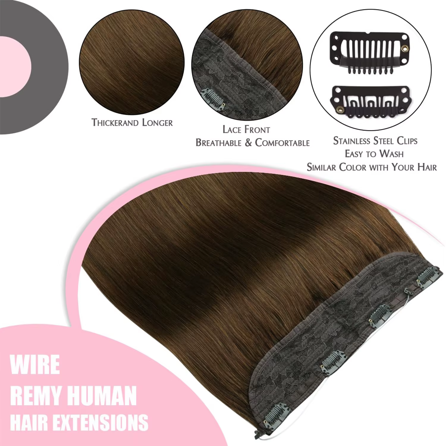 Extensions de cheveux 100% naturels, type fil de pêche, avec bande ajustable et clips discrets, extensions Remy pour femmes, couleur brun chocolat