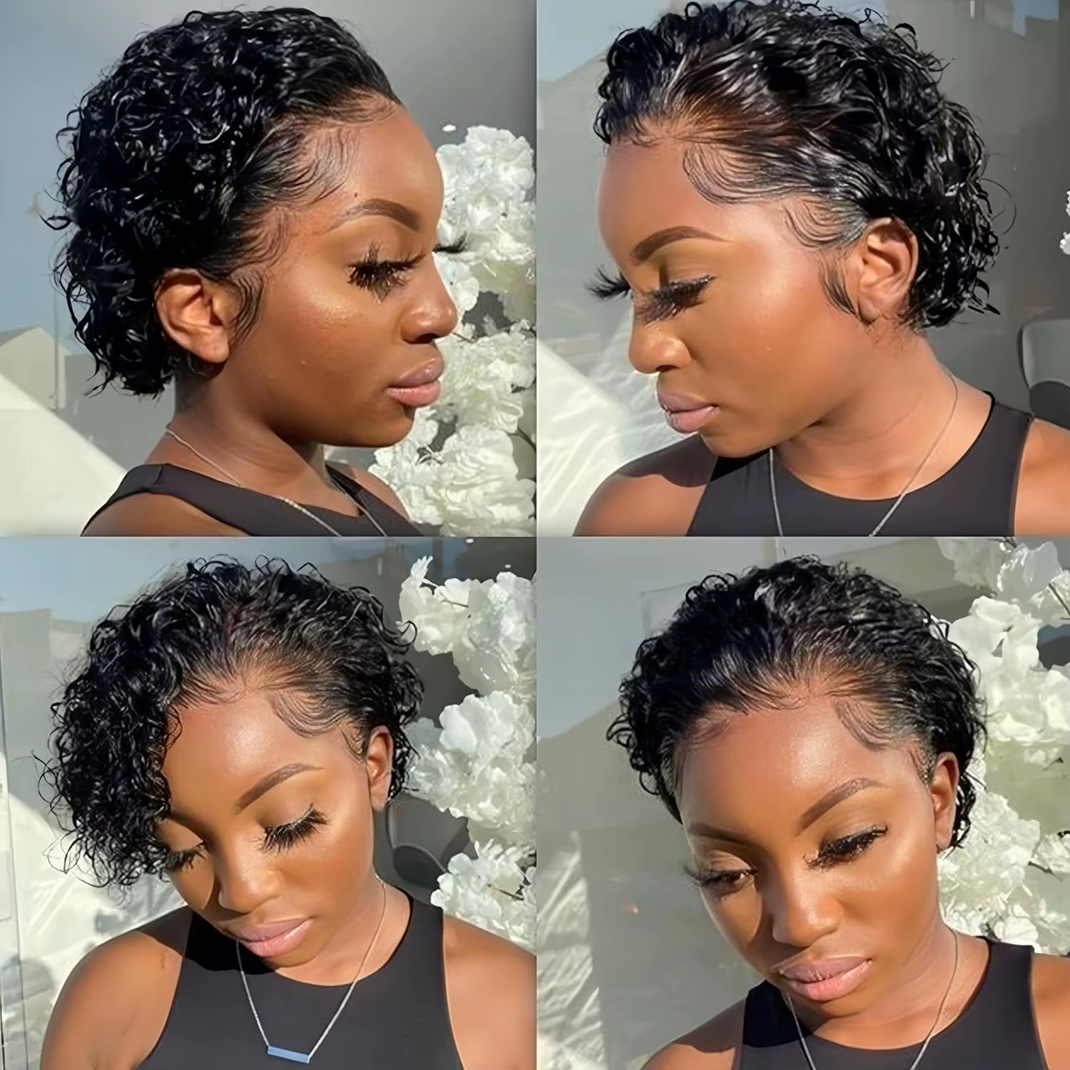 Perruques Courtes Bouclées Pixie Cut en Cheveux Humains