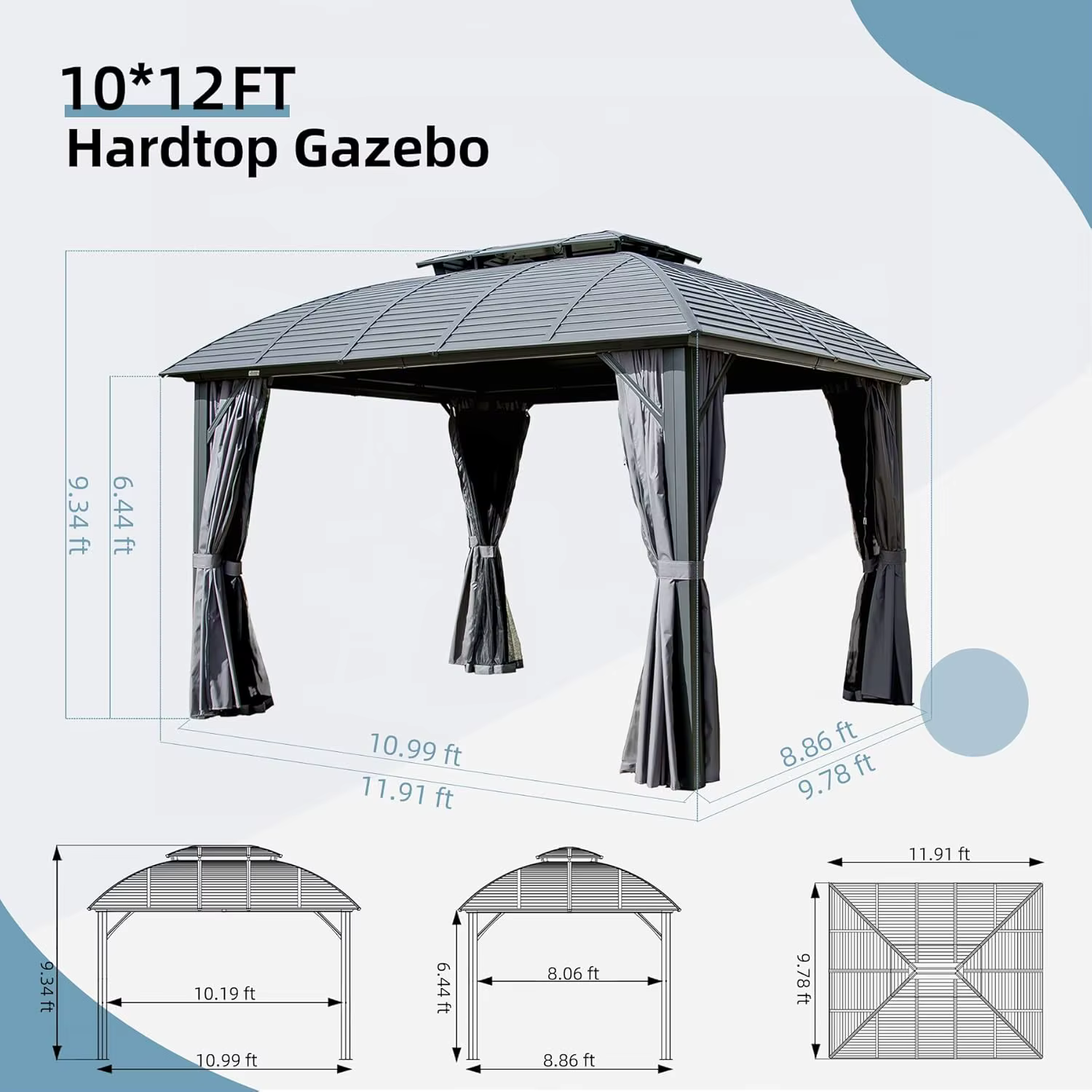 Gazebo de jardin en métal résistant aux intempéries, cadre en alliage d'aluminium, toit rigide extérieur, résistant à l'eau, aux UV, antirouille