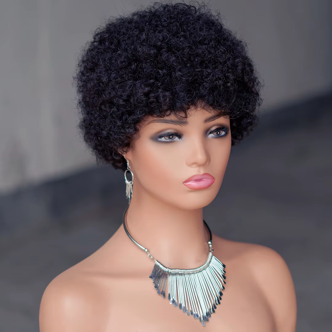 Perruque de cheveux humains courts Afro crépus bouclés pour femmes
