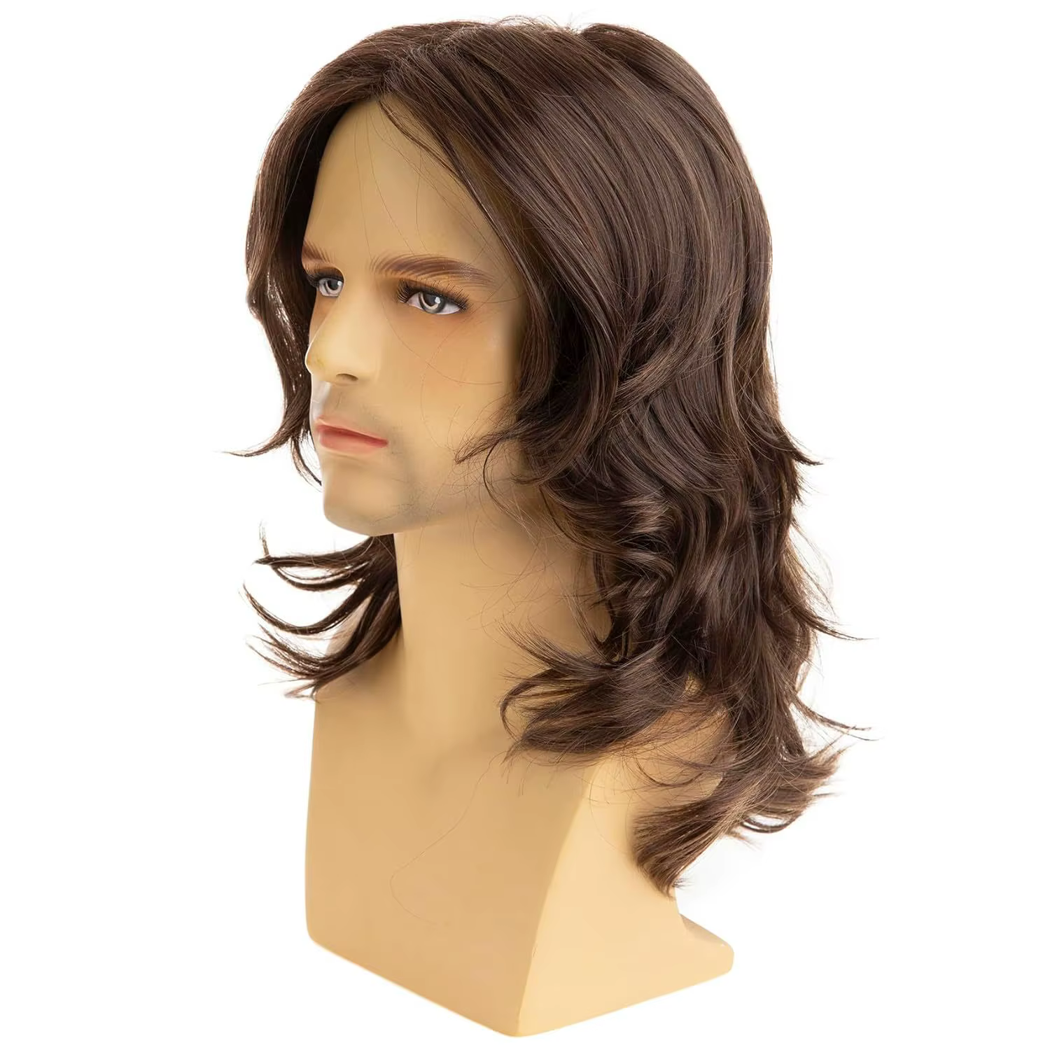 Perruque synthétique longue bouclée ondulée brune pour hommes