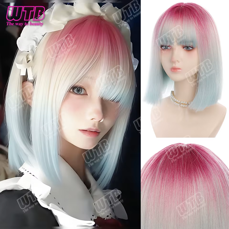 WTB Perruque synthétique Lolita dégradée avec frange droite, adaptée aux femmes et aux filles, pour les fêtes et le cosplay
