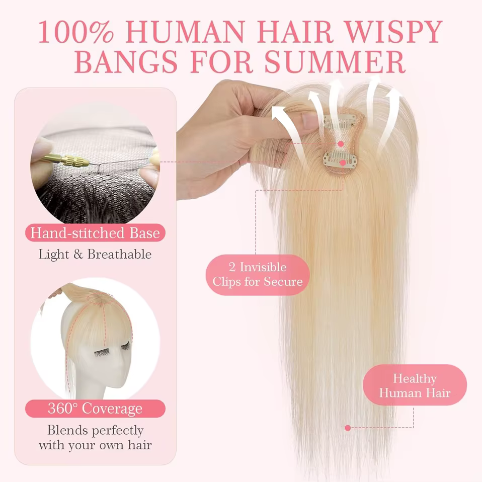 Clips en frange vrais cheveux humains 3D 360 ° Cover Air Bangs – postiches légères pour femmes