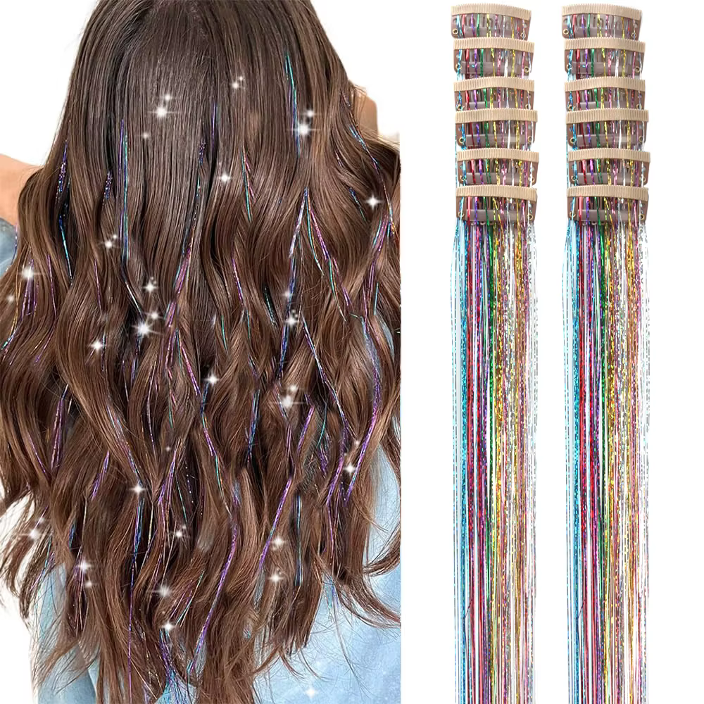 Kit de 12 mèches de cheveux scintillantes à clipser pour filles