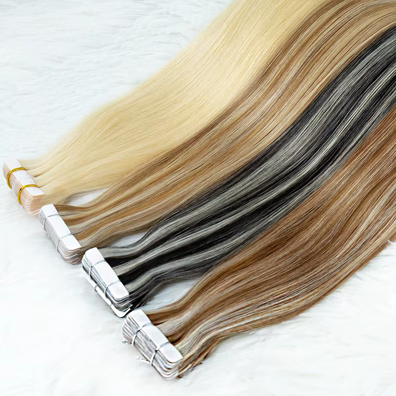 Extensions de cheveux blondes à bandes adhésives invisibles en cheveux humains, trame de peau en PU, 20 pièces, longueur 18-30 pouces, installation facile