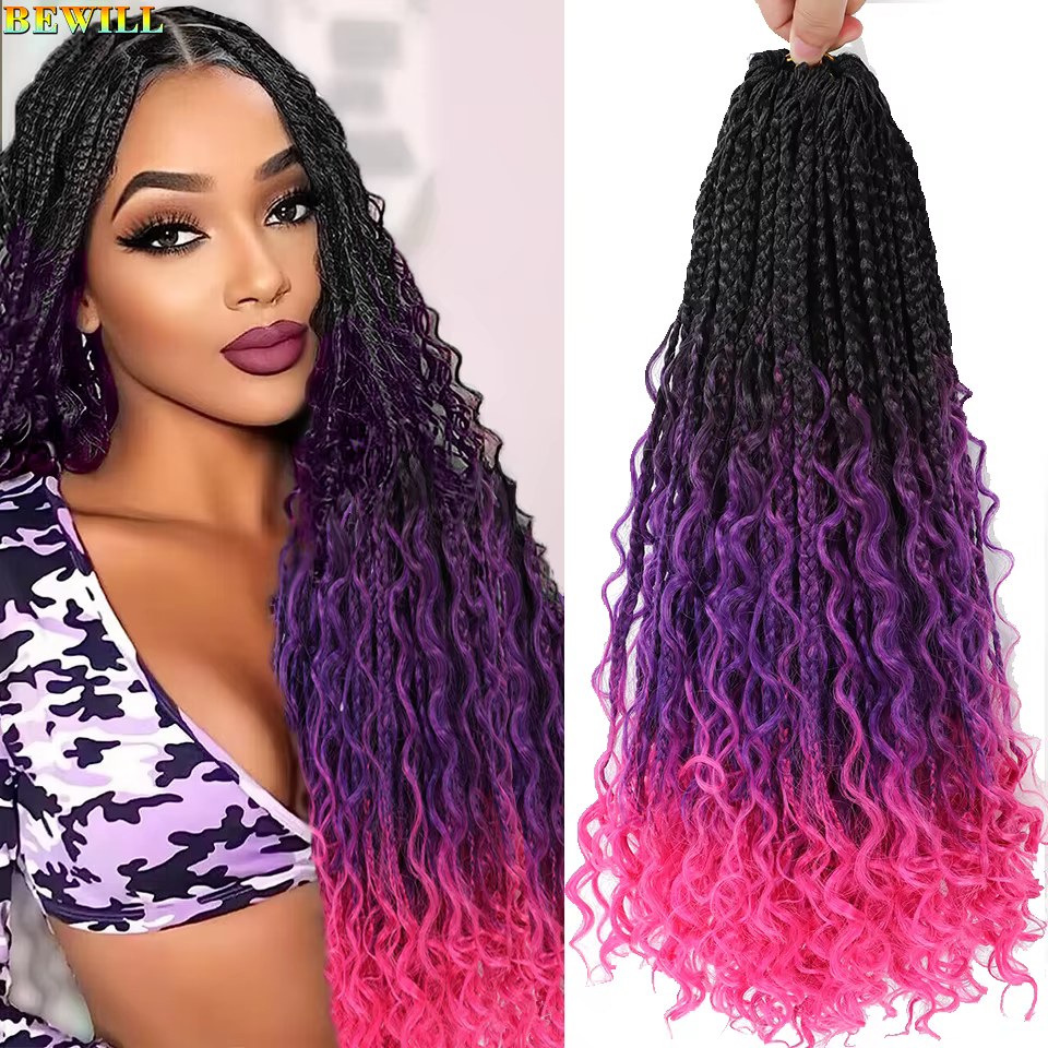Extensions de tresses bohémiennes longues de 18 pouces, tresses de boîte de déesse, cheveux au crochet, cheveux synthétiques noirs, violets et roses, tresses hippies bohèmes