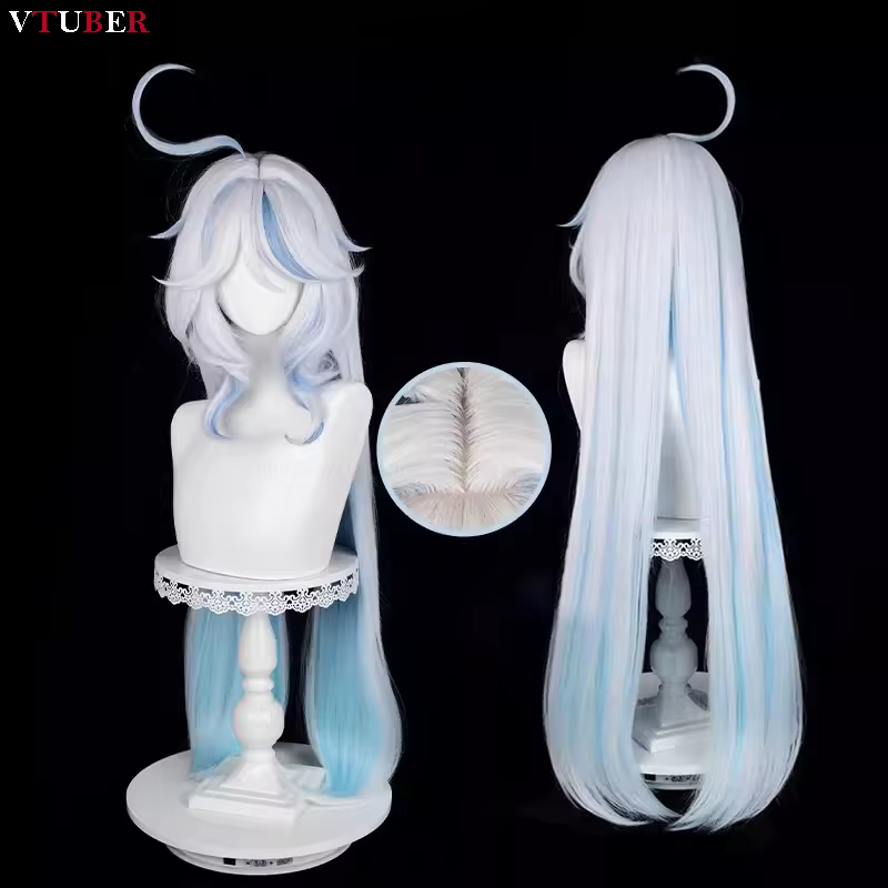 Perruque de cosplay Fontaine Focalors Furina, perruques longues de 100 cm, blanches et bleues, bouclées et ondulées, résistantes à la chaleur, pour cosplay d'anime + bonnet de perruque