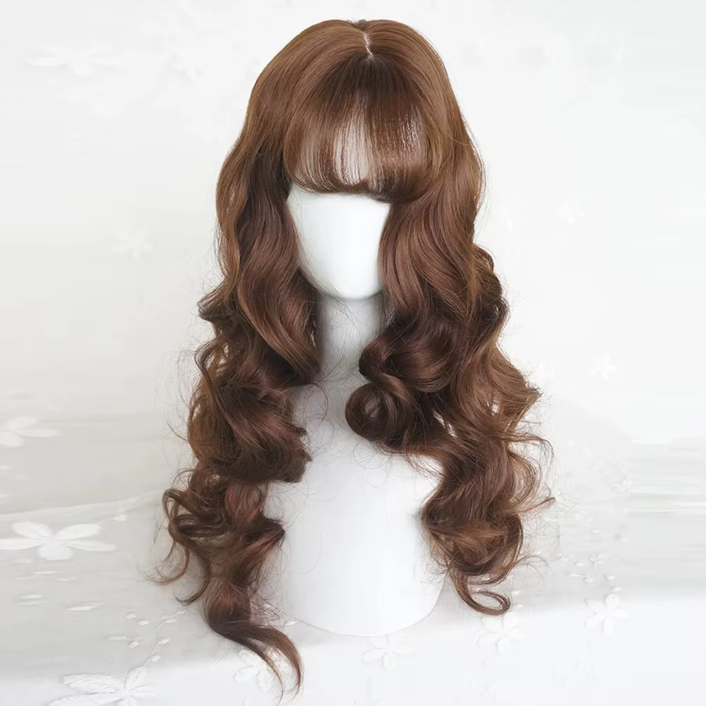 Perruque synthétique longue bouclée ondulée châtain brun avec frange pour femme, style gothique Lolita et usage quotidien, cheveux artificiels réalistes