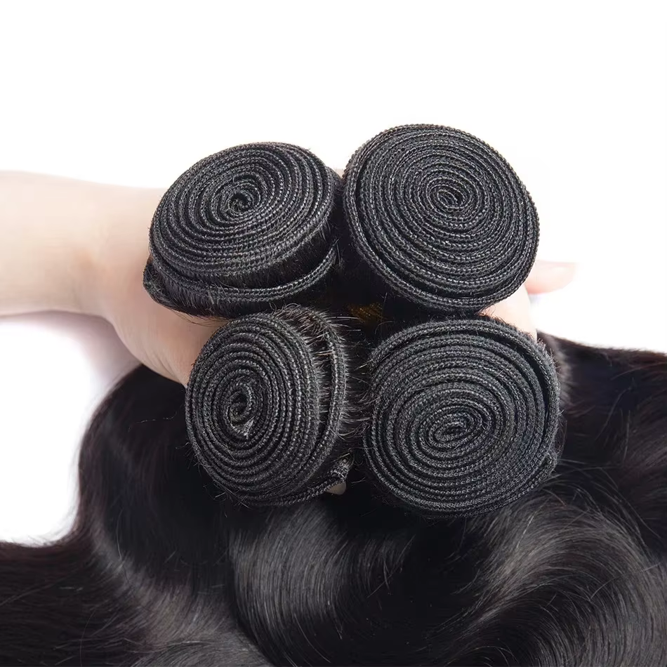 Extensions de Cheveux Humains Brésiliens Ondulés (Body Wave) – 3 Paquets avec Fermeture en Dentelle Transparente 4x4 –